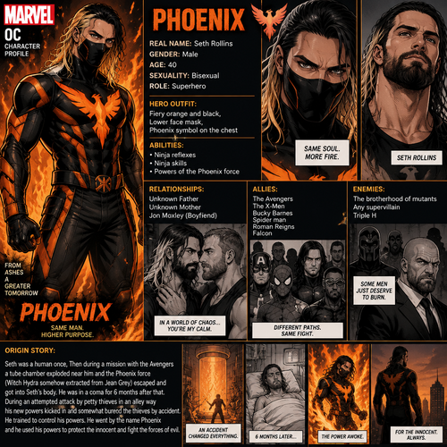 Marvel oc info card Phoenix  

Real name:Seth Rollins
Gender:Male 
Age:40
Sexuality:Bisexual 
Role:Superhero
Hero outfit:Firey orange and black,Lower face mask,Phoenix symbol on the chest
Abilities:Ninja reflexes,Ninja skills,Powers of the Phoenix force 
Relationships:Unknown Father,Unknown Mother,Jon Moxley (Boyfriend)
Allies:The avengers,The X-Men,Bucky Barnes,Spider man,Roman Reigns,Falcon
Enemies:The brotherhood of mutants,Any supervillain,Triple H
Origin story:Seth was a human once,Then during a mission with the avengers A tube chamber exploded near him and the Phoenix force (Witch Hydra somehow extracted from Jean Grey) escaped and got into Seth’s body. He was in a coma for 6 months after that. During an attempted attack by petty thieves in an alley way his new powers kicked in and somewhat burned the thieves by accident. He trained to control his powers. He went by the name Phoenix and he used his powers to protect the innocent and fight the forces of evil