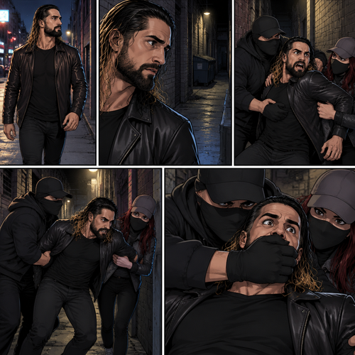 Seth Rollins was walking alone at night,Then…as he walked past an alley…A man and a woman in masks grabbed him.They dragged him to the alleyway,Seth struggled.The masked man covered Seth’s mouth before he could call for help