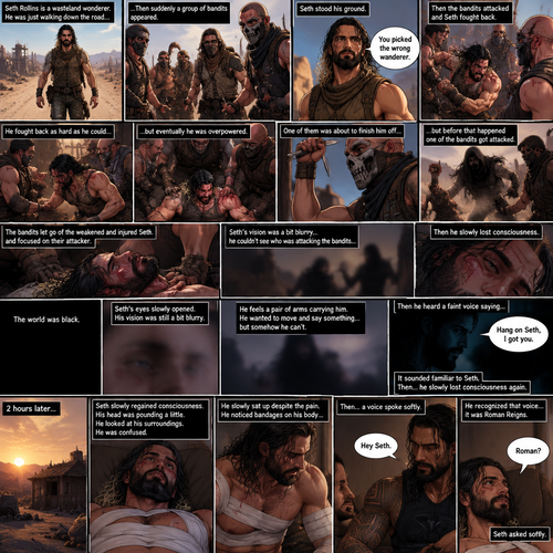 (Recap).Seth Rollins is a wasteland wonderer,He was just walking down the road,Then suddenly A group of bandits appeared,Seth stood his ground,Then the bandits attacked and Seth fought back,He fought back as hard as he could,but eventually he was overpowered,The bandits beat him up really badly,One of them was about to finish him off but before that happened One of the bandits got attacked,The bandits let go of the weakened and Injured Seth and focused on their attacker,Seth’s vision was a bit blurry,he couldn’t see who was attacking the bandits,then he slowly lost consciousness. (And now part 2). The world was black. Seth’s eyes slowly opened,His vision was still a bit blurry. He feels a pair of arms carrying him. He wanted to move and say something…but somehow he can’t. Then he heard a faint voice saying “Hang on Seth,I got you”. It sounded familiar to Seth. Then…Seth slowly lost consciousness again. 2 hours later,Seth slowly regained consciousness. His head was pounding a little. He looked at his surroundings. He was confused. He slowly sat up despite the pain. He noticed bandages on his body,Then….A voice spoke softly “Hey Seth”. He recognized that voice…it was Roman Reigns. Seth looked up. “Roman?” Seth asked softly