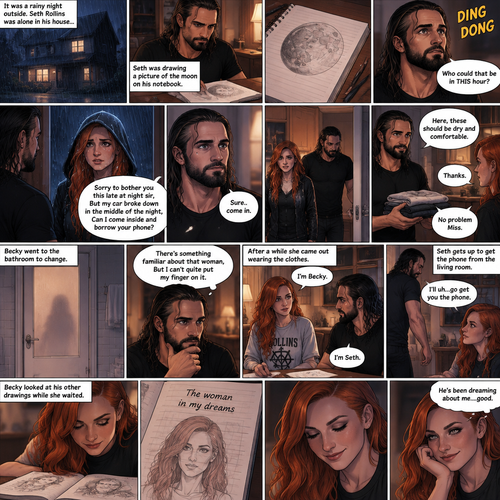 It was a rainy night outside,Seth Rollins was alone in his house,He drawing a picture of the moon on his notebook.Then the doorbell rang. “Who could that be in THIS hour?” Seth  asked himself. He got up and opened the door,A young Irish woman (Becky Lynch) was standing outside on his porch soaking wet from the rain wearing a hood. “Sorry to bother you this late at night sir,But my car broke down in the middle of the night,Can I come inside and borrow your phone?” Asked the woman.Seth looked at the woman,There was this…aura about her that he couldn’t quite explain.He decided to let her in. “Sure..come in” said Seth.The woman walked in and Seth shut the door.He walked out to his bedroom to get the woman some nice dry clothes to wear,The woman was waiting in the kitchen,She noticed the drawing on the table.She smiled.Seth came back and handed her the clothes. “Thanks” said the Woman. “No problem Miss” Said Seth.The woman went to the bathroom to change. “There’s something familiar about that woman,But I can’t quite put my finger on it” Seth said to himself.After a while she came out wearing the clothes.She sat down at the table with him.”I’m Becky” Said Becky. “I’m Seth” Said Seth.There was something between them,Pulling them together.”I’ll uh…go get you the phone” Seth said nervously .He gets up to get the phone from the living room.Becky looked at his other drawings while she waited,Then…She spotted a drawing of a young woman.The drawing was called “The woman in my dreams”.That woman….was Becky herself.She simply smiled to herself. “He’s been dreaming about me….good” Becky said to herself
