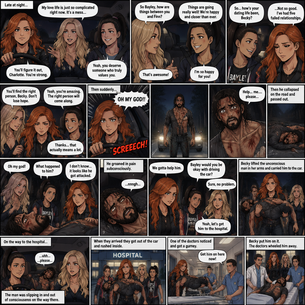 It was late at night,Becky Lynch Was in a car with Charlotte Flair and Bayley. They were driving to Becky’s house. Charlotte was talking about her complicated love life. Becky and Bayley were giving her words of comfort and support. Charlotte then asked Bayley how things were between her and Finn Bálor (They’re dating in this story). Bayley said things were going very well between the two of them. Becky and Charlotte were both happy to hear that. Bayley then looked at Becky and asked How HER dating life had been. Becky got a sad look on her face as she admitted that her dating life wasn’t doing very good,She had Five failed relationships. Charlotte and Bayley gave Becky words of comfort. Becky felt a little better. Then Becky looked at the road and suddenly yelled “OH MY GOD!!” And slammed on the breaks. There was a man (Seth Rollins) standing in front of the car,He was covered in bad scratches. He had a frightened expression on his face,He looked like he got attacked by a wild animal. Becky,Charlotte and Bayley were horrified. Then…the man spoke “Help…me….please”, then he collapsed on the road and passed out. The girls got out of the car and rushed over to the man. “Oh my god” Said charlotte. “What happened to him?” Bayley asked. “I don’t know…it looks like he got attacked” Said Becky. The man groaned in pain subconsciously. “We gotta help him” Said Becky. Bayley and Charlotte nodded in agreement. “Bayley would you be okay with driving the car?” Asked Becky. “Sure,no problem” said Bayley. Becky lifted the unconscious man in her arms and carried him to the car. They got in the car and Bayley drove to the hospital. The man was slipping in and out of consciousness on the way there. When they arrived they got out of the car and rushed inside With Becky holding the unconscious man in her arms. One of the doctors noticed and got a gurney. Becky put him on it. The doctors wheeled him away. (End of part 1)