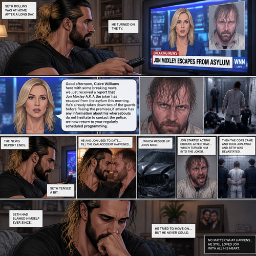 Seth Rollins was at home after a long day. He turned on the tv,A news report came on. “Good afternoon,Claire Williams here with some breaking news,we just received a report that Jon Moxley A.K.A the joker has escaped from the asylum this morning,He’s already taken down two of the guards before fleeing the premises,if anyone has any information about his whereabouts do not hesitate to contact the police,we now return to your regularly scheduled programming” said the reporter. The news report ends. Seth tensed a bit. He and Jon used to date….till the car accident happened…which messed up Jon’s mind. Jon started acting erratic after that…which turned him into the Joker. Despite all that he still loved Seth with all his heart. Then the cops came and Took Jon away and Seth was devastated. Seth had blamed himself ever since. He tried to move on….but he never could