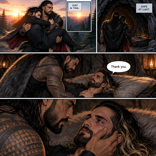 (Part 2 of the Werewolf x vampire story). Roman Reigns (The werewolf) was running to his cave with Seth Rollins (The vampire) in his arms to get him out of the sun. Seth held on tightly. Roman managed to get there before the sun fully rose. Seth was relieved. Roman gently put Seth down on the fur bed. “Thank you” Seth said softly. Roman gently placed his hand on Seth’s cheek