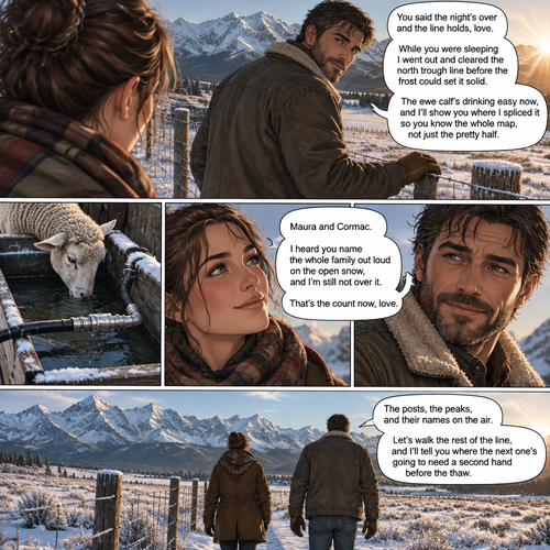 Cormac stops at the first post, hand resting on the wire, and looks back at her with the morning catching the frost on his collar. He took the time she slept to pull a broken bleeder line out of the north trough before the water could freeze solid around the ewe's leg - small work, done quiet, so the morning would come up clean for her.
You said the night's over and the line holds, love. While you were sleeping I went out and cleared the north trough line before the frost could set it solid. The ewe calf's drinking easy now, and I'll show you where I spliced it so you know the whole map, not just the pretty half.
Maura and Cormac. I heard you name the whole family out loud on the open snow, and I'm still not over it. That's the count now, love.
The posts, the peaks, and their names on the air. Let's walk the rest of the line, and I'll tell you where the next one's going to need a second hand before the thaw.
