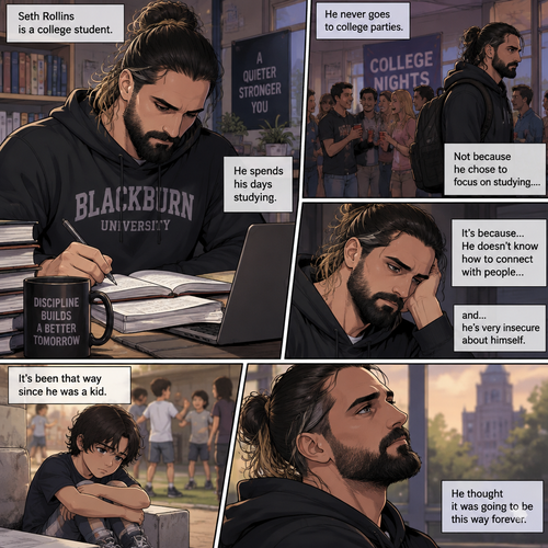 Seth Rollins is a college student. He spends his days studying,He never goes to college parties. Not because he chose to focus on studying….It’s because…He doesn’t know how to connect with people…and…he’s very insecure about himself. It’s been that way since he was a kid. He thought it was going to be this way forever