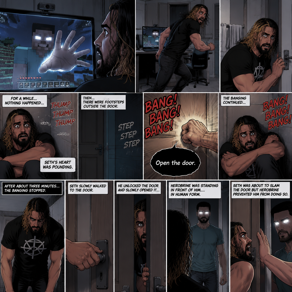 (part 2) Minecraft is still running. Herobrine still stared at Seth Rollins through the webcam. Seth was still paralyzed from fear. Herobrine put his hand on the screen…it went through. Seth ran out of the room in fear and locked himself in the bathroom. For a while nothing happened…then there were footsteps outside the door. Seth’s heart was pounding. Then…..something banged on the door. Seth scrambled away from the door in fear. Then a voice spoke from the door “Open the door”. Seth was too scared to move. The banging on the door continued. After about three minutes,The banging stopped. Seth slowly stood up,Then he slowly walked to the door. He unlocked the door and slowly opened it….Herobrine was standing in front of him….in human form. Seth was about to slam the door but herobrine prevented him from doing so
