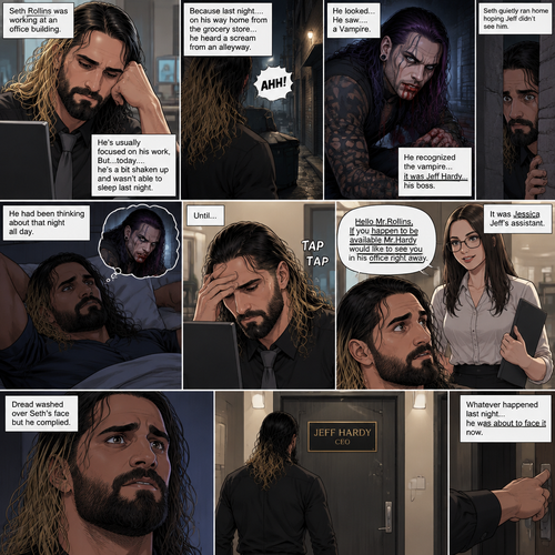 Seth Rollins was working at an office building. He’s usually focused on his work,But…today….he’s a bit shaken up and wasn’t able to sleep last night. Because last night….on his way home from the grocery store…he heard a scream from an alleyway. He looked…He saw….a Vampire. He recognized the vampire…it was Jeff Hardy…his boss. Seth quietly ran home hoping Jeff didn’t see him. He had been thinking about that night all day. He was snapped out of his thoughts when someone tapped him on the shoulder,It was Jessica Jeff’s assistant. “Hello Mr.Rollins,If you happen to be available Mr.Hardy would like to see you in his office right away” said Jessica. Dread washed over Seth’s face but he complied 