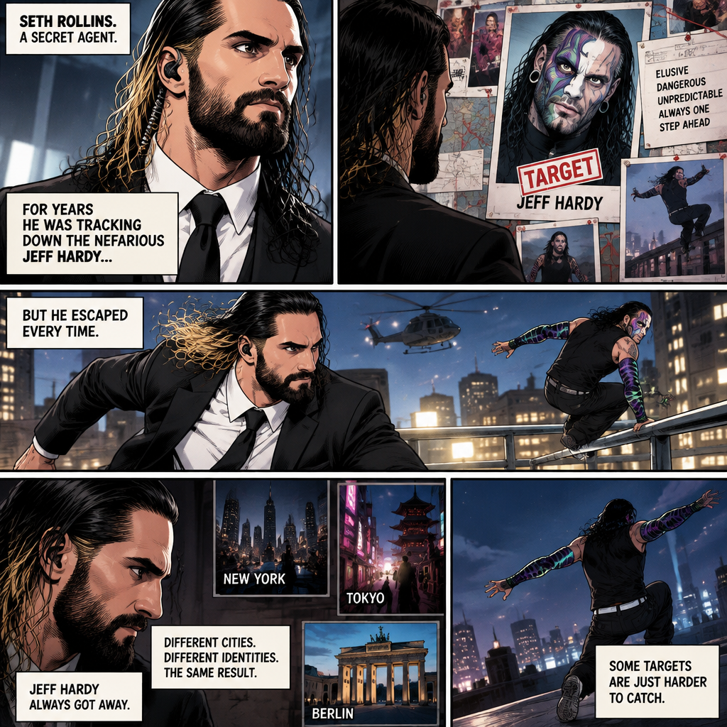 Seth Rollins is a secret agent,For years he was tracking down the nefarious Jeff Hardy…But he escaped every time