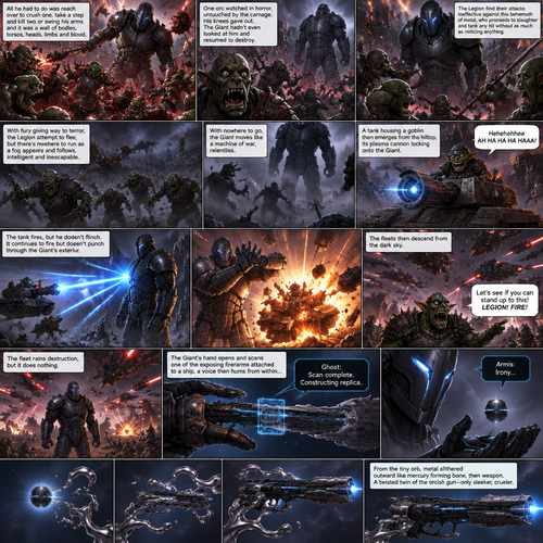 All he had to do was reach over to crush one, take a step and kill two or swing his arms and it was a wall of bodies, torsos, heads, limbs and blood. One orc watched in horror, untouched by the carnage. His knees gave out. The Giant hadn’t even looked at him and resumed to destroy. The Legion find their attacks ineffective against this behemoth of metal, who proceeds to slaughter and tank any hit without as much as noticing anything. With fury giving way to terror, the Legion attempt to flee, but there’s nowhere to run as a fog appears and follows, intelligent and inescapable. With nowhere to go, the Giant moves like a machine of war, relentless. A tank housing a goblin then emerges from the hilltop, its plasma cannon locking onto the Giant.

Goblin: Hehehehhee AH HA HA HA HAAA!

  The tank fires, but he doesn’t flinch. It continues to fire but doesn’t punch through the Giant’s exterior. In response he claps his hands, and the force of the clap ignites the core of the tank into a fireball. The fleets then descend from the dark sky.

Orc: Let's see if you can stand up to this! LEGION! FIRE!

The fleet rains destruction, but it does nothing. The Giant's hand opens and scans one of the exposing firearms attached to a ship, a voice then hums from within… 

Ghost: Scan complete. Constructing replica.

The Giant then summons a small ball by vocal command.

Armis: Irony…

 From the tiny orb, metal slithered outward like mercury forming bone, then weapon. A twisted twin of the orcish gun—only sleeker, crueler.

