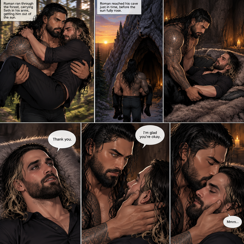 (Part 2 of the Werewolf x Vampire story) Roman Reigns (The werewolf) was running to his cave with Seth Rollins (The vampire) in his arms getting him out of the sun. Seth held on tightly. Roman managed to get there before the sun fully rose. Seth was relieved. Roman gently put him down on the fur bed. “Thank you” Seth said softly. Roman gently put his hand on Seth’s cheek. “I’m glad you’re okay” Roman said Softly. He gently kissed Seth’s forehead. Seth hummed softly