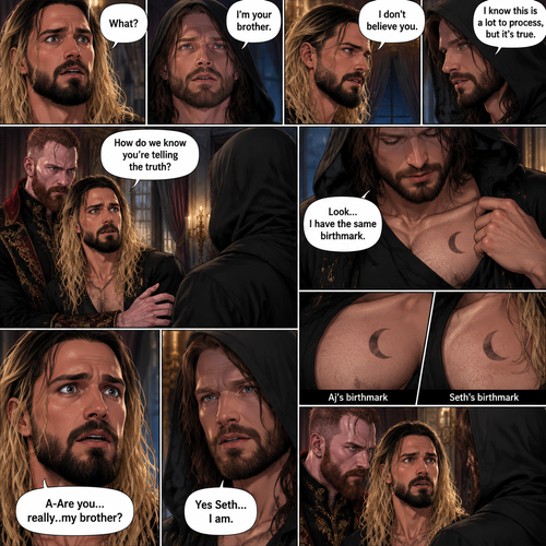 (Recap) Seth Rollins (The vampire hunter turned Bride of the vampire king) was looking at himself in the mirror reeling in the fact that he’s getting married to the vampire king next week,his heart knows that,Then he saw a mysterious figure (Aj Styles) who was standing right behind him in the reflection,Jon Moxley (The vampire king) was handling the wedding preparations,then he heard a loud crash and Seth yelling “LET ME GO!!!” In the bedroom,he used his vampire speed to rush to the bedroom,The mysterious figure tries to drag Seth out the window,Seth struggles,Jon arrives just in time and attacks the mysterious figure,after that he rushes to Seth to see if he’s ok,the mysterious figure slowly gets up,Jon is about to attack,Then the mysterious figure spoke “Wait!”,”Seth…please listen to me,Seth was confused by how the man knew his name,The mysterious figure takes off his hood and drops a bombshell “My name is Aj…I’m your brother Seth,Jon and Seth were shocked by what he said. (And now part 7). Seth was stunned. “What?” Seth asked. “I’m your brother” said Aj. Seth shook his head a little. “I don’t believe you” Said Seth. “I know this is a lot to process,but it’s true” said Aj. Jon gently pulled Seth to his side. “How do we know you’re telling the truth?” Jon asked cautiously. Aj shows his birthmark,It’s the shape of a crescent moon…just like Seth’s. Seth was stunned,All this time….he thought he was the only one with that birthmark. “A-Are you…really..my brother?” Seth asked. “Yes Seth…I am” said Aj