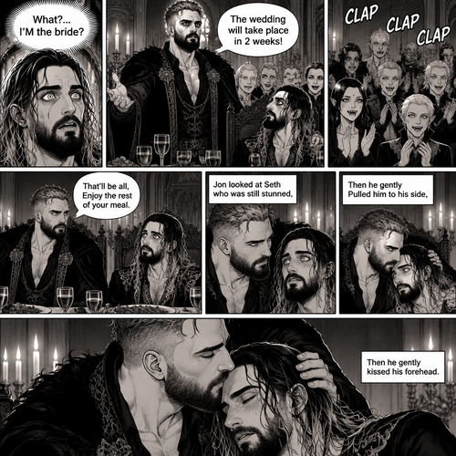 (Recap)Jon Moxley (The vampire king) and Seth Rollins (The vampire hunter…well now The bride Of Jon Moxley) arrived at the feast in the dining room,They sat down at the head of the table,Seth was nervous when the other vampires were staring at him,Jon gently held Seth’s hand and whispered that he was doing good,Seth relaxed,after an hour Jon stood up and dropped a bombshell,”With out further ado…behold…My bride!” Jon said while gesturing to Seth,Seth was shocked. (And now part 5). Seth couldn’t believe it. “What?…I’M the bride?” Seth said in his mind. “The wedding will take place in 2 weeks!” Jon announced. The vampires clapped. Seth just sat there stunned. “That’ll be all,Enjoy the rest of your meal” Jon said and then sat down. He looked at Seth who was still stunned,Then he gently Pulled him to his side,Then he gently kissed his forehead