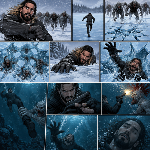 It’s a blizzard…During a monster apocalypse. Seth Rollins was on the run from a group of monsters. He ended up on ice over a frozen lake. The ice began to crack under the group of monsters combined weight. Seth kept running while the monsters fell through the ice and ended up in the water. He almost made it to the ground….But then the ice cracked under him and he fell into the water. He swam to the surface…but one of the monsters grabbed his ankle and pulled him. Seth grabs his gun…it had one bullet left…He used it to shoot the monster before it pulled him deeper in the cold water. Seth tried to swim back to the surface…But he started to get cold and was slowly losing consciousness