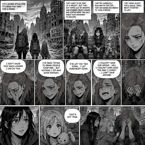 It’s a zombie apocalypse,It’s been that way for 6 years,Becky lynch is surviving with two people,A teenager named Raven and a little girl named Sophie. They used to be part of a group…but they got wiped out by Bandits and Zombies,Becky,Raven and Sophie were the only ones that managed to escape. They’re currently walking in the city. They sat down on a bench to take a break. They were silent for a while. Then…Becky started to cry. Raven and Sophie were concerned. “I don’t know how much longer I can do this” Said Becky. “I’ve been trying to bring people together…but nothing I did was good enough” Becky continued. “I’ve let you two down…I let everybody down” Becky continued. “I couldn’t save our group…hell i couldn’t even save the man I loved!!…I can’t save anyone!” Becky continued. Becky continued to cry. Raven and Sophie were sad to see Becky like this. “That’s not true” said Sophie