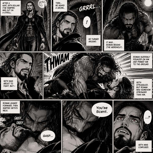 (Part 1 of the Werewolf x Vampire story). Seth Rollins (The Vampire) was out on a stroll after a hunt,Then…he heard a growl. He turned around, It was…Roman Reigns (The werewolf). Seth was about to fight,But Roman suddenly pounced on him and pinned him to the ground. Seth struggled But Roman was somehow stronger than him. Roman leaned forward,Then sniffed Seth’s neck. Seth gasped softly. “You’re Scent” Said Roman. Seth was confused 