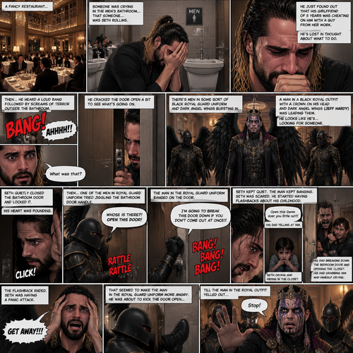 There’s a fancy restaurant,someone was crying in the men’s bathroom,That someone…was Seth Rollins. He just found out that his girlfriend of 5 years was cheating on him with a guy from her work. He’s Lost in thought about what to do. He was snapped out of his thoughts…when…he heard a loud bang followed by screams of terror outside the bathroom. “What was that?” Seth asked himself. He cracked the door open a bit to see what’s going on. There’s men in some sort of black royal guard uniform and dark angel wings bursting in…wait…Dark angel wings?!. A man in a black royal outfit with a crown on his head and dark angel wings (Jeff Hardy) was leading them,He looks like he’s…looking for someone. Seth quietly closed the bathroom door and locked it,his heart was pounding. Then…One of the men in royal guard uniform tried jiggling the bathroom door handle. Seth slowly and quietly backed away from the door. The man in the royal guard uniform banged on the door. “Whose is there?! Open this door!” The man in the royal guard uniform yelled. Seth kept quiet while the man kept banging on the door. “I’m going to break this door down if you don’t come out at once!!” The man in the royal guard uniform yelled. Seth was scared,He stared having flashbacks about his childhood. His dad yelling at him “Open this Damn door you little rat!!!”. Seth crying and hiding in the closet,his dad breaking down the bedroom door and opening the closet,his dad grabbing him and himself crying. The flashback ended. Seth was having a panic attack. “GET AWAY!!!” Seth yelled at the door. That seemed to make the man in the royal guard uniform more angry,He was about to kick the door open…till the man in the royal outfit yelled out “Stop!” At the guard