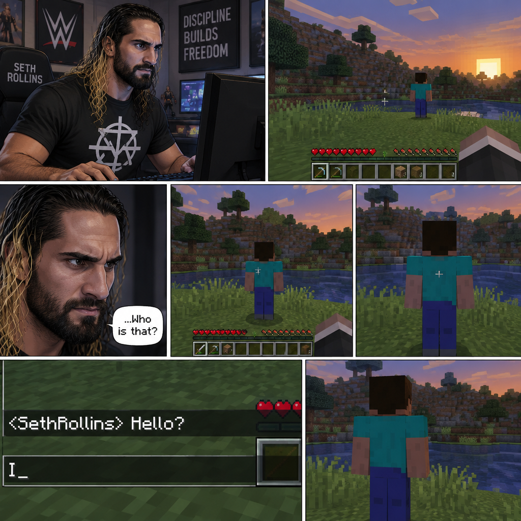 Seth Rollins was playing Minecraft alone on his computer,Then he sees something in the distance. It was a player with the default skin,His back was facing Seth. The strange thing about this player…was that there was no name tag above him. Seth got suspicious,He moved his character closer to the player,Then he typed in the chat bar “Hello?”. The player didn’t respond