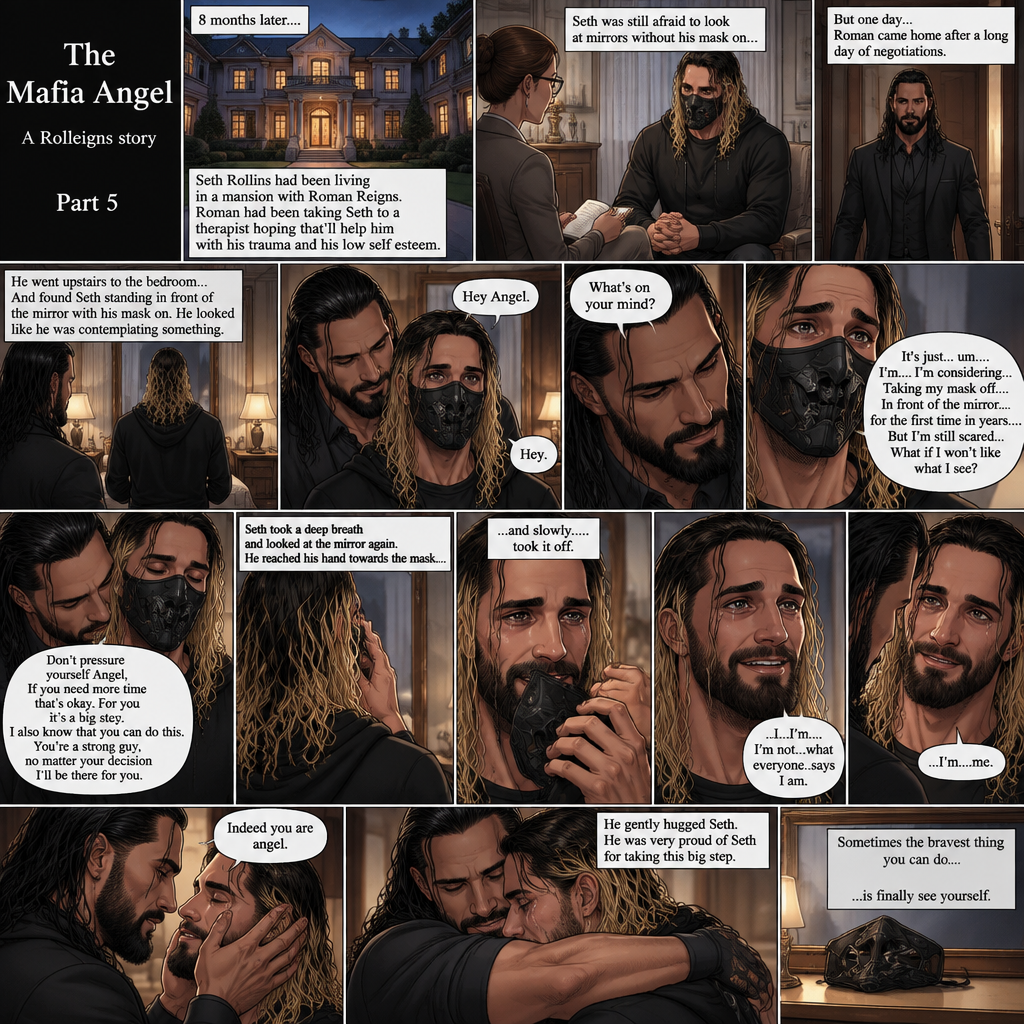 (Part 5 of the mafia angel,A Rolleigns story). 8 months later,Seth Rollins (He’s still wearing a mask) had been living in a mansion with Roman Reigns (Mafia leader). Roman had been Taking Seth to a therapist hoping that’ll help him with his trauma and his low self esteem. Seth was still afraid to look at mirrors without his mask on….But one day….It all changed. Roman came home after a long day of negotiations. He went upstairs to the bedroom…and Found Seth standing in front of the mirror with his mask on. He looked like he was contemplating something. Roman came up behind him. “Hey Angel” Roman said Softly. “Hey” Seth said Softly. “What’s on your mind?” Roman Asked softly. “It’s just…um….I’m….I’m considering…Taking my mask off….In front of the mirror…for the first time in years….But I’m still scared…What if I won’t like what I see?” Seth asked softly. Roman gently kissed Seth’s neck. “Don’t pressure yourself Angel,If you need more time that’s okay,For you it’s a big step,I also know that you can do this,You’re a strong guy,no matter your decision I’ll be there for you” Roman said Softly. Seth took a deep breath and looked at the mirror again. He reached his hand towards the mask…..and slowly…..took it off. This is the first time in years that he sees his face in a mirror without the mask. He had tears in his eyes…and he smiled. “..I…I’m….I’m not…what everyone..says I am” Said Seth. He looks at Roman. “..I’m…me” Seth said softly. Roman gently placed both hands on Seth’s face. “Indeed you are angel” Roman said softly. He gently hugged Seth. He was very proud of Seth for taking this big step (End of part 5)