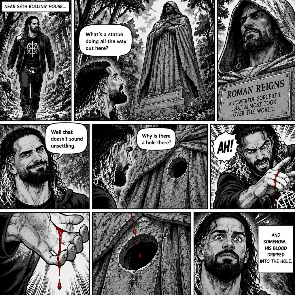 Seth Rollins was walking in the woods near his house,Then…he discovered an old statue Of a man in a cloak (Roman Reigns). “What’s a statue doing all the way out here?” Seth asked himself. He looks at the nameplate “Roman Reigns,A powerful sorcerer that almost took over the world”. “Well that doesn’t sound unsettling” Seth said to himself sarcastically. Then he noticed a hole on the statue. “Why is there a hole there?” Seth asked himself. Then….Seth somehow accidentally cut his hand. A little bit of his blood dripped into the hole