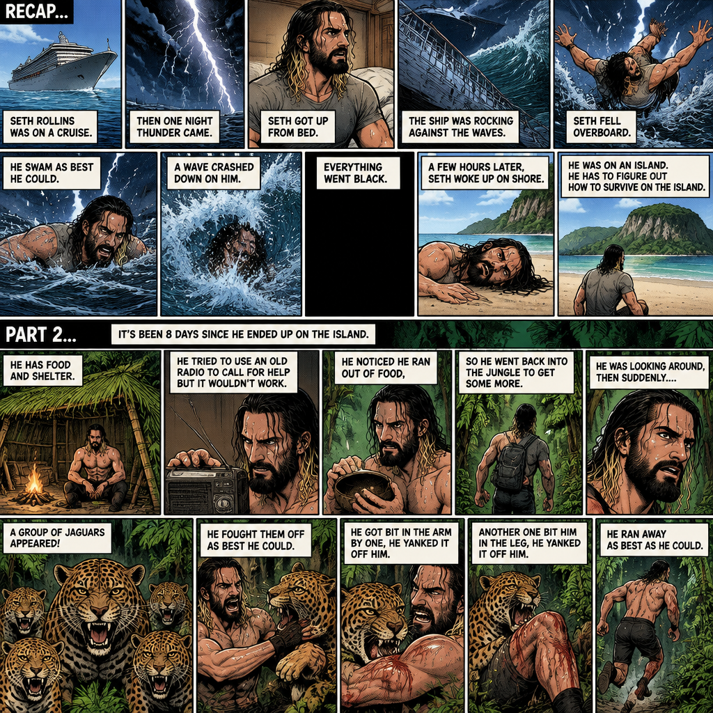 (Recap) Seth Rollins was on a cruise,then one night Thunder came,Seth got up from bed,The ship was rocking against the waves,Seth fell overboard,He swam as best he could,A wave crashed down on him,Everything went black,A few hours later,Seth woke up on shore,He was on an island,He has to figure out how to survive on the island. (And now part 2). It’s been 8 days since he ended up on the island. He has food and shelter. He tried to use an old radio to call for help but it wouldn’t work. He noticed he ran out of food,So he went back into the jungle to get some more. He was looking around,Then suddenly….A group of jaguars appeared! He fought them off as best he could. He got bit in the arm by one,He yanked it off him. Another one bit him in the leg,He yanked it off him. He ran away as best as he could. (End of part 2)
