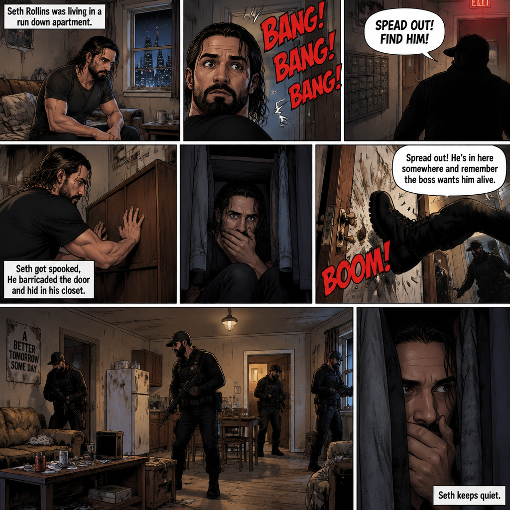 Seth Rollins was living in a run down apartment,Then he heard loud banging from the lobby,Then he heard a man shouting. “SPEAD OUT! FIND HIM!” Said the voice.Seth got spooked,He barricaded the door and hid in his closet.There were sounds of doors being kicked outside,Then the sounds of footsteps approached Seth’s apartment door,The door was kicked open. “Spread out! He’s in here somewhere and remember the boss wants him alive” said a voice. They looked around the apartment.Seth keeps quiet