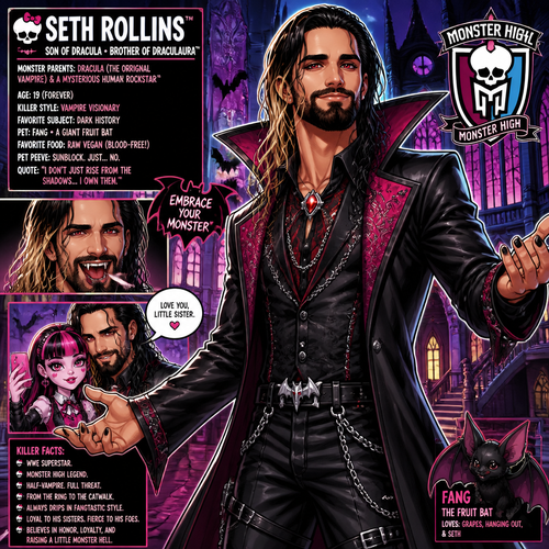WWE superstar Seth Rollins as a vampire in Monster High (As Draculaura’s half brother)
