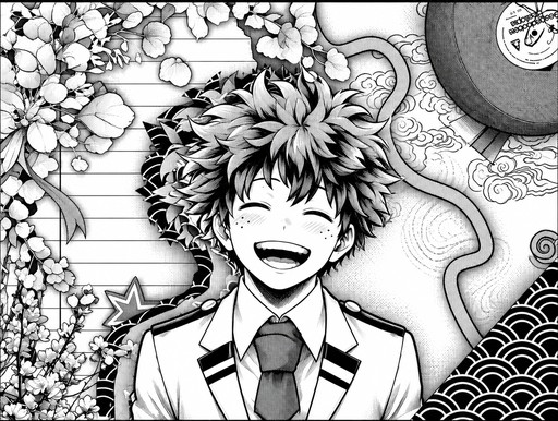 Black-and-white manga illustration of a smiling person in a school uniform amid flowers and patterns.