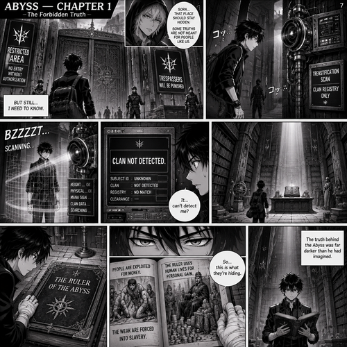 ABYSS — CHAPTER 1

Page 7: The Forbidden Truth

Sora Amamiya — Appearance: A 17-year-old boy, 178 cm tall, with a slim athletic build. He has messy, layered jet-black hair with sharp, irregular spikes and uneven bangs, sharp light-grey eyes with dark pupils, and a youthful, defined face. He wears a fitted black high-collar jacket with silver buttons over a dark shirt, black trousers, a black belt with a rectangular silver buckle, and black lace-up combat boots. White bandages wrap around both wrists and partially cover both hands. He carries a dark travel bag.

Rei Mikazuki — Appearance: A mysterious boy with soft, layered silver hair, cool blue-grey eyes, and a calm, enigmatic expression. He wears a black hooded cloak with subtle blue accents over dark layered clothing, black trousers, and black boots. A blue crystal pendant hangs from a silver chain around his neck.

Panel 1 — The Forbidden Entrance

Sora stands before the enormous sealed gates of the forbidden area. Warning signs cover the dark stone walls, and guards patrol the entrance. Rei’s warning echoes in his mind, but Sora keeps staring at the gates, determined to discover what is hidden inside.

Panel 2 — Slipping Inside

Sora quietly makes his way into the restricted passage and approaches a large mechanical detection device mounted beside the entrance. Metal components, rotating lenses, and glowing scanning lights cover its surface.

Panel 3 — The Machine Scans

The machine projects a scanning light over Sora from head to toe. Strange symbols flash across its display as it searches for his clan. Sora stands perfectly still, watching the device nervously.

SFX: BZZZZT… SCANNING…

Panel 4 — No Clan Detected

A close-up of the machine’s display showing an error message: “CLAN NOT DETECTED.” Its scanning light shuts off, and the mechanical gate remains open. Sora looks at the display in surprise.

Sora: “It… can’t detect me?”

Panel 5 — Inside the Forbidden Place

Sora enters a vast, dimly lit archive filled with towering bookshelves, ancient records, sealed documents, and enormous stone pillars. A shaft of pale light falls across a large desk at the centre of the chamber. A thick, ancient book rests on it.

Panel 6 — The Ruler’s Book

Sora approaches the desk and notices the title engraved on the book’s dark cover:

“THE RULER OF THE ABYSS.”

He carefully opens it. The pages are filled with records, official accounts, and information about the ruler’s activities. Sora leans closer, his expression turning serious as he begins reading.

Panel 7 — Discovering the Truth

A close-up of Sora’s light-grey eyes moving across the page. The open book reveals records describing how the ruler exploits people for money and forces them into slavery for personal gain. Sora’s hands tighten around the pages as he realizes the terrible truth hidden behind the village’s peaceful appearance.

Sora: “So… this is what they’re hiding.”

Panel 8 — The Secret Revealed

Sora stands alone in the enormous archive, holding the open book beneath the dim light. Towering shelves surround him, and the forbidden chamber stretches into darkness behind him. His expression has changed from curiosity to grim determination.

Narration: “The truth behind the Abyss was far darker than he had imagined.”