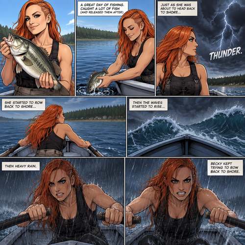 Becky Lynch is in a fishing boat,She had a long day of fishing. She caught a lot of fish (she released them after). She was about to head back to shore….then suddenly…thunder. She started to row back…then the waves started to rise,Then heavy rain. Becky kept trying to row back to shore