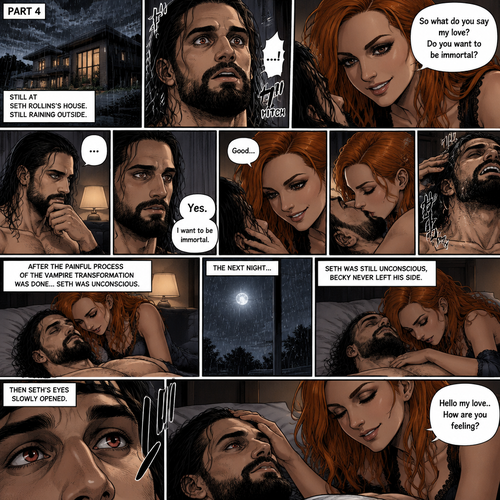 Part 4.Still in Seth Rollins’s house,Still raining outside.Seth Rollins and Becky lynch are in Seth’s room,Seth’s eyes were widened and his breath hitched a little after Becky offered him immortality. “So what do you say my love? Do you want to be immortal?” Asked Becky.Seth thought about for a bit…Then he made his decision. “Yes” Seth said softly.Becky smiled and gently kissed him.She then leaned towards Seth’s neck.After the painful process of the vampire transformation was done Seth was unconscious.The next night Seth was still unconscious,Becky never left his side.Then Seth’s eyes slowly opened,He looked at Becky as she was smiling down at him.She gently stroked his head. “Hello my love..How are you feeling?” Becky said softly