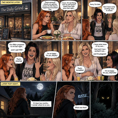(Part 2 of the Werewolf X human story). It’s been two months since the night Becky Lynch and Her friends Charlotte Flair and Bayley saved the Man (Seth Rollins). They haven’t seen him since. Becky and charlotte were having brunch at a cafe,They were talking about the recent werewolf attacks. Then Bayley showed up late….with a happy grin on her face. She apologized for being late and sat at the table. Then she said she’s has some exciting news to share with the two of them….Finn Bálor proposed to her last night…and she said yes. Becky and Charlotte were happy and excited for Bayley. Then Charlotte said she’s has some news of her own. She and her husband (Kurt Wagner a.k.a nightcrawler) have worked it out…and She’s pregnant. Becky and Bayley were happy and excited for Charlotte. Later that night,Becky was in her backyard looking at the moon…then…She heard a noise from the forest near her house. She looked closely. A pair of Yellow eyes were looking at her