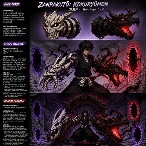 A zanpocto with Shikai and bankai releases.base form of zonpocto is gauntlets one the left looks like vasto lord mask the right looks like a hells gate dragons head. Give me different pictures for each release and explain the ability's. Not super overpowered 