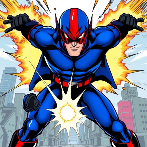 Blue heard a superhero that was all blue with the exception of black gloves and boots. Also wears a whole mask that covers his whole head and a v like visor that is red.