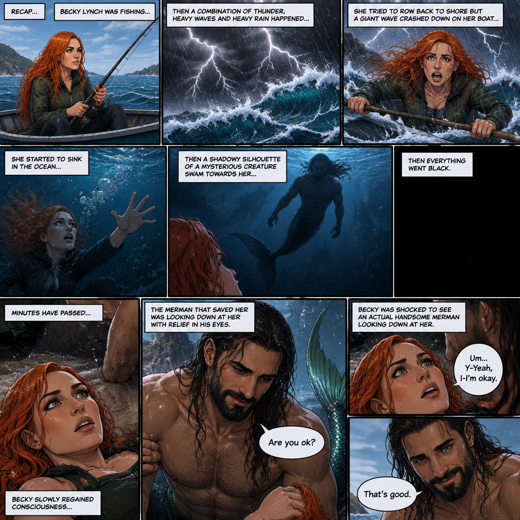 (Recap) Becky lynch was fishing,then a combination of thunder,Heavy waves and heavy rain happened,She tried to row back to shore but a giant wave crashed down on her boat,she started to sink in the ocean,then a shadowy silhouette of a mysterious creature (Seth Rollins as a merman) swam towards her,Then everything went black. (And now onto part 2). Minutes have passed,Becky slowly regained consciousness,The merman that saved her was looking down at her with relief in his eyes. “Are you ok?” Asked the merman. Becky was shocked to see an actual Handsome merman looking down at her. “Um…Y-Yeah,I-I’m okay” said Becky. The merman smiled. “That’s good” said the merman