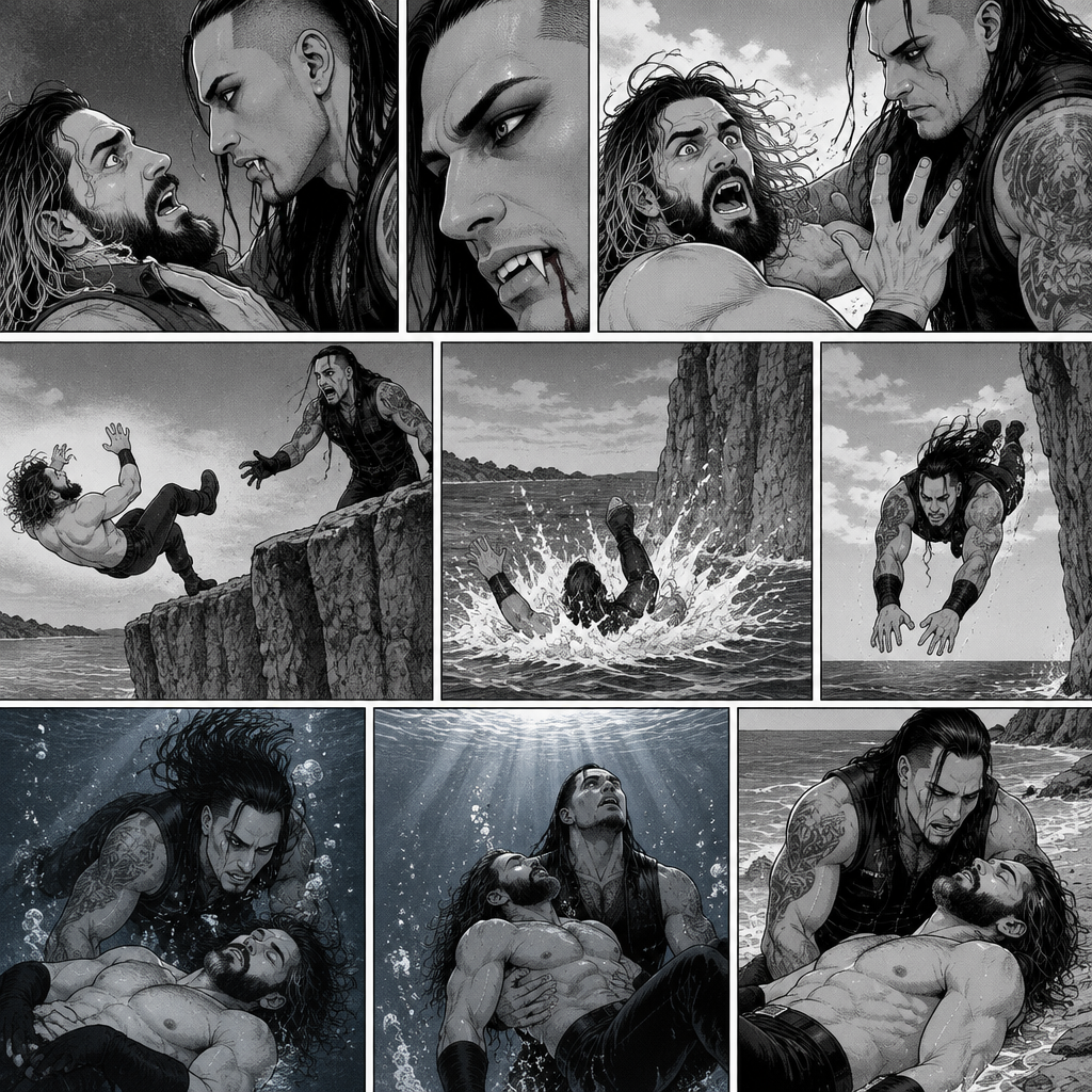 Part 6.Seth Rollins got scared after discovering that the mysterious man (WWE superstar Damien Priest) is a day walker vampire. Seth shoved the man off him…which caused Seth to Stumble and fall off the cliff backwards,Then he hit the water and lost consciousness after. The man was horrified and dived into the water to save Seth,He managed to reach him. He then swam up to the shore with Seth in his arms