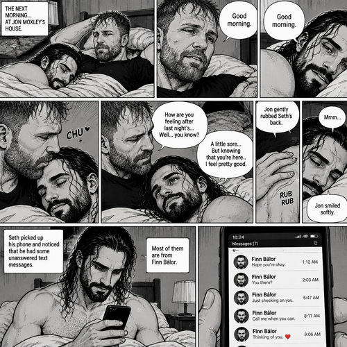 (Part 5). Still at Jon Moxley’s house. The next morning,Seth Rollins was asleep in Jon’s bed after last night’s activity. After a while Seth woke up,Jon was awake Before Seth was. “Good morning” Jon said softy. “Good morning” Seth Said Softly. Jon gently kissed Seth’s forehead. “How are you feeling after last night’s…Well..you know?” Jon asked. “A little sore…But knowing that you’re here..I feel pretty good” Seth said Softly. Jon gently rubbed Seth’s back. Seth hummed softly. Jon smiled softly. Seth picked up his phone and noticed that he had some unanswered text messages,Most of them are from Finn Bálor