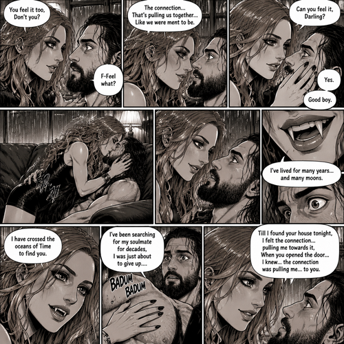 Part 2.The setting is still at Seth Rollins’s house,It’s still raining outside.”You feel it too,Don’t you” Asked Becky Lynch. “F-Feel what?” Asked Seth Rollins nervously.Becky gets closer to Seth. “The connection…That’s pulling us together…Like we were ment to be” Becky said softly.Seth’s heart fluttered.Becky can hear it,She gently puts her hand on his cheek and leaned towards him. “Can you feel it,Darling?” Becky Asked Softly.Something about her voice made Seth unable to resist her. “Yes” Seth whispers. “Good boy” Becky whispers.Their lips connect softly,Becky gently pushes Seth on his back on the couch while they kiss.They eventually pull away and look at each other.Becky smiles gently at him,That’s when….Seth Notices vampire fangs in her teeth,He was bewildered…But not scared. “I’ve lived for many years…and many moons” Becky said softly. “I have crossed the oceans of Time to find you” Becky said softly.Seth’s heart fluttered again,Becky heard it,She gently puts her hand on his chest to feel it.Seth blushed. “I’ve been searching for my soulmate for decades,I was just about to give up….Till I found your house tonight,I felt the connection…pulling me towards it,When you opened the door…I knew…the connection was pulling me…to you” Said Becky