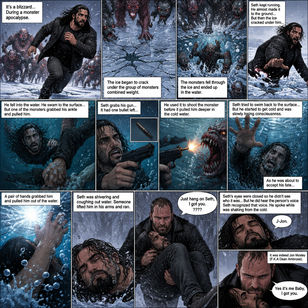 It’s a blizzard…During a monster apocalypse. Seth Rollins was on the run from a group of monsters. He ended up on ice over a frozen lake. The ice began to crack under the group of monsters combined weight. Seth kept running while the monsters fell through the ice and ended up in the water. He almost made it to the ground….But then the ice cracked under him and he fell into the water. He swam to the surface…but one of the monsters grabbed his ankle and pulled him. Seth grabs his gun…it had one bullet left…He used it to shoot the monster before it pulled him deeper in the cold water. Seth tried to swim back to the surface…But he started to get cold and was slowly losing consciousness. As he was about to accept his fate….A pair of hands grabbed him and pulled him out of the water. Seth was shivering and coughing out water. Someone lifted him in his arms and ran. Seth’s eyes were closed so he didn’t see who it was…But he did hear the person’s voice. “Just hang on Seth,I got you” Said ????. Seth recognized that voice. He spoke while was shaking from the cold “J-Jon”. It was indeed Jon Moxley (F.K.A Dean Ambrose). “Yes it’s me Baby,I got you” Said Jon