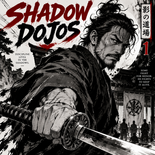 A guy in his 40s holding a katana for a cover and the manga is called shadow dojos
