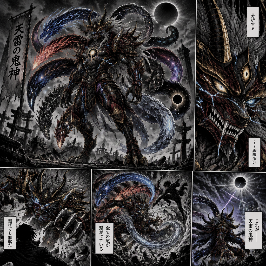 1. The fundamental concept
Tenrai no Kishin is a humanoid calamity that hunts like a fox, fights like an oni, moves like lightning, and manipulates cursed energy as if it were a miniature universe.
It stands upright, possesses a powerful humanoid body, and has the intelligence to analyze an opponent rather than blindly attack. Its movements alternate between savage, animalistic aggression and terrifyingly precise martial arts.
Unlike conventional animal-shaped shikigami, this creature is built to fight sorcerers directly. It can grapple, punch, slash, counter techniques, move through the air, and attack from several directions simultaneously with its tails.
Its silhouette should be recognizable even in darkness: two enormous horns, a long dragon-like mane, nine cosmic tails, armored shoulders, and a muscular body covered in glowing celestial markings.
Its cursed energy doesn't simply surround its body.
It looks as though a thunderstorm has been trapped inside a living constellation.
2. Physical appearance — the anatomy of a calamity
The head: The Oni Dragon's Crown
Its face is a fusion of an ancient oni war mask, a celestial dragon, and a predatory fox.
Oni horns: Two massive, backward-curving horns emerge from its skull, with smaller branching horns extending along its temples. Their surfaces resemble black volcanic glass, split by glowing gold and electric-blue fissures.
Dragon muzzle: Its lower face extends into a short, armored dragon snout lined with serrated fangs. When it opens its jaws, electricity crawls between its teeth like miniature lightning bolts.
Foxlike features: Long, pointed ears extend behind the horns. They constantly shift toward nearby cursed energy signatures, allowing the creature to track enemies even through smoke or darkness.
Celestial eyes: Two primary eyes glow pale gold around electric-blue pupils. The irises resemble rotating astronomical instruments, with rings that shift as the creature analyzes its opponent.
The third eye: A vertical eye rests in the center of its forehead. It remains sealed most of the time. When opened, concentric rings of cursed energy spread across its horns and face, signifying that it is actively analyzing a technique.
The oni mask: Black and crimson armor partially covers its face, giving it a permanently furious expression. The mask is not decorative; it is an externalized shell of condensed cursed energy that protects its head.
Its expression should make it look intelligent enough to understand fear, yet monstrous enough to inspire it.
The body: A humanoid dragon forged in a cosmic storm
Its body is approximately 9 feet tall when standing upright, with a broad chest, powerful shoulders, a narrow armored waist, and long muscular limbs.
Its anatomy is divided into four distinct layers.
The outer layer — Dragon scales
Overlapping obsidian-black scales cover its shoulders, chest, back, thighs, and forearms. The scales become dark indigo toward its spine, where tiny points of light resemble distant stars.
When struck, the scales don't necessarily shatter like ordinary armor. They disperse a portion of the impact through the surrounding cursed energy, although sufficiently powerful attacks can still break through them.
The middle layer — Oni armor
Thick plates of black and crimson cursed energy form a natural breastplate, shoulder guards, knee armor, and forearm guards. The armor resembles ancient Japanese demon armor fused with dragon anatomy.
Its left shoulder is crowned with a massive horned plate. Its right forearm is heavier, designed for devastating punches, blocks, and grapples.
Gold cracks run between the plates. When the creature's output increases, these cracks illuminate like molten metal.
The inner layer — Cosmic core
Beneath the armor, luminous blue lines travel across its body like constellations. These are not ordinary veins. They are visible pathways through which its cursed energy circulates.
A circular core glows behind its sternum, resembling a miniature star surrounded by a dark ring.
When it draws on its full power, the core appears to collapse inward before releasing a violent burst of cursed energy.
The spine — Dragon's storm crest
A row of jagged horns runs from the back of its skull down to the base of its tails. Each spike stores and channels electrical cursed energy.
During combat, electricity travels down this spine before branching into its arms, claws, horns, and tails. This lets it deliver lightning through physical contact rather than relying solely on ranged attacks.
The hands and legs
Its hands have five elongated digits ending in curved, black claws. The claws are edged with condensed cursed energy, making them effective for close combat without granting them automatic immunity-piercing properties.
Its legs are digitigrade, like those of a large predator. Armored heels, clawed toes, and powerful calves give it explosive acceleration.
It can launch itself across a battlefield, cling to rough surfaces, and change direction in midair by discharging cursed energy behind its body.
It fights like a martial artist with the anatomy of a monster.
3. The nine cosmic tails
The nine tails are the defining feature of Tenrai no Kishin.
Each tail is almost as long as its body and can move independently. At rest, they flow behind it like a combination of enormous fox tails, dragon bodies, and living nebulae.
They are not nine separate shikigami. They are nine specialized extensions of the same creature, all connected to its central cursed energy core.
Each tail possesses a distinct appearance and combat function.
First Tail — Raijin's Fang
Lightning Dragon
A long, serpentine tail made of dark scales and branching lightning. It accelerates its strikes with electrical cursed energy, attacks from unexpected angles, and can discharge electricity through anything it physically contacts.
Second Tail — Kitsune's Pyre
Foxfire
A crimson-and-gold tail surrounded by supernatural flame. Its fire clings to cursed energy, making it useful for pressuring opponents who rely on reinforcement. It can also create misleading flashes and decoys.
Third Tail — Astral Veil
Cosmic Illusion
Its surface resembles a moving galaxy. It distorts the visual cues an opponent uses to judge distance and direction. It cannot rewrite reality, but it can make an approaching strike deceptively difficult to read.
Fourth Tail — Void Coil
Gravitational Pressure
This tail creates localized pulls and pressure fields through cursed energy. It can drag an opponent off balance, alter a projectile's trajectory slightly, or pin a target long enough for a follow-up attack. It cannot generate unlimited gravity.
Fifth Tail — Oni's Executioner
Physical Destruction
The thickest tail, armored with jagged plates and a hammer-like end. It delivers devastating blunt-force impacts, breaks barriers through repeated strikes, and can wrap around enemies to restrict their movement.
Sixth Tail — Thunder Prism
Cursed Energy Refraction
A crystalline tail that bends and refracts the light emitted by its cursed energy. It produces misleading afterimages and can redirect its own electrical discharges along prepared angles. It does not freely redirect an enemy's techniques.
Seventh Tail — Heaven's Tempest
Storm Manipulation
Generates violent bursts of wind and storm-like cursed energy. It disrupts footing, obscures vision with charged vapor, and creates openings for the creature's faster attacks.
Eighth Tail — Eclipse Maw
Cursed Energy Suppression
A nearly black tail with a golden eclipse at its tip. On contact, it can interfere with the smooth flow of an opponent's cursed energy for a brief moment. Strong control, reinforcement, and defensive techniques can resist the effect.
Ninth Tail — Genesis Nova
Ultimate Release
Its brightest and most dangerous tail. It gathers the creature's remaining output into a concentrated celestial blast. The attack can devastate a localized battlefield, but using it places tremendous strain on the core and temporarily weakens the other eight tails.
Important design rule: The tails work best when they create combinations rather than nine independent ultimate attacks. Tenrai can use three or four tails together for sophisticated fighting styles, but using every tail at full power simultaneously rapidly drains its cursed energy.
That gives the shikigami a reason to make tactical decisions.