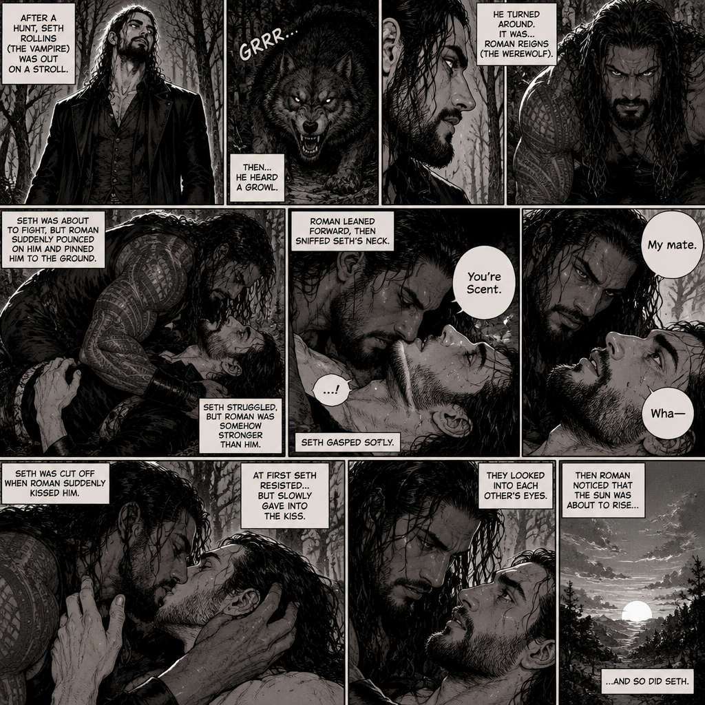 (Part 1 of the Werewolf x Vampire story). Seth Rollins (The Vampire) was out on a stroll after a hunt,Then…he heard a growl. He turned around, It was…Roman Reigns (The werewolf). Seth was about to fight,But Roman suddenly pounced on him and pinned him to the ground. Seth struggled But Roman was somehow stronger than him. Roman leaned forward,Then sniffed Seth’s neck. Seth gasped softly. “You’re Scent” Said Roman. Seth was confused. Roman looked at Seth’s eyes. “My mate” Said Roman. Seth’s eyes widened. “Wha-“ Seth was cut off when Roman suddenly kissed him. Seth slowly gave into the kiss. After about 3 minutes,Roman pulled away. They looked into each other’s eyes. Then Roman noticed that the sun was about to rise…and so did Seth