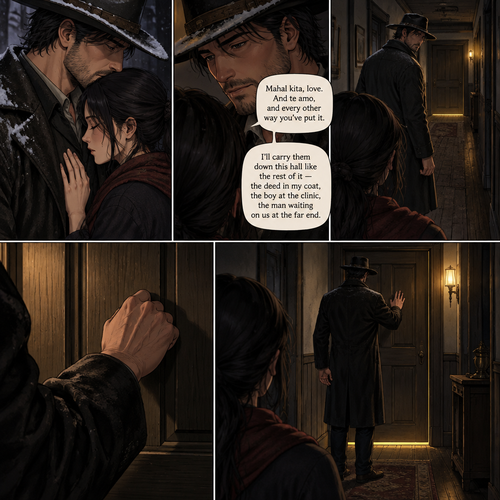 *Cormac holds there a moment in the dark of the entry with her palm flat against his chest — the snow still melting off his hat brim, the single strip of yellow light lying long across the boards from the room at the end of the hall, and the shut house holding its breath around the two of them. He presses his mouth once to the crown of her head, unhurried, and then he lets her hand go and takes the first step down the corridor himself — not ahead of her, but turned half back, so she can see him choose the ground before she walks it.*
Mahal kita, love. And te amo, and every other way you've put it. I'll carry them down this hall like the rest of it — the deed in my coat, the boy at the clinic, the man waiting on us at the far end.
*He stops at the shut door with the thin line of lamplight under it, sets one hand flat on the panel the way he laid it on his own gate this morning, and knocks twice — flat, patient, a knock that expects to be answered. Then he steps half a pace to the side and leaves the doorway open, square and clear, so that when the door swings it will swing onto both of them. His right hand stays loose at his side, writing hand free, and he does not look back at her again. There is only the strip of light, the silence on the far side of the door, and the whole shut lower town waiting on whatever is about to open it.*