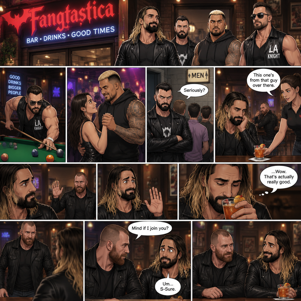 (Previously). Seth Rollins and his friends Finn Bálor,Solo Sikoa and LA Knight arrived at a bar called “Fangtastica”. LA Knight went to a pool table,Solo was approached by a young woman who invited him to dance with her,he accepted and got on the dance floor with her,Finn went to the men’s bathroom only to find that the line for it was too long,He was not happy about it,Seth sat alone at a bar table,A server brought him a drink he never ordered for,The server pointed at a stranger (Jon Moxley) and told Seth that he ordered it for him. (And now part 2). Seth looked at the stranger. The stranger waved at him. Seth nervously waved back,he looked back at the drink…and took a sip. He enjoyed it. The stranger must’ve gotten up because the next thing Seth knew the stranger was suddenly right next to him. “Mind if I join you?” Asked the stranger. “Um…S-Sure” Said Seth. The stranger sat next to Seth