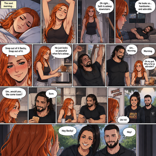 (Part 3 of the werewolf x human story) The next morning,Becky Lynch was asleep in her bed. Then she woke up. She got up and stretched her arms. She walked downstairs…then she remembered that the Werewolf (Seth Rollins) was asleep downstairs. She checked in on him. He was still asleep…and he wasn’t in his werewolf form anymore. She couldn’t help but look at him…and blush. “He looks so…handsome…and adorable” Becky said to herself. Then she shook her head. “Snap out of it Becky,Snap out of it” Becky said to herself. She quietly walked to the kitchen and made herself some toast. She couldn’t help but think about how peaceful he looked when he’s asleep. Meanwhile,The man woke up. He slowly gets up and stretched his arms,Then he walks to the kitchen. Becky notices him. “Um..Morning” Said Becky. The man Smiled softly. “Morning” The man said softly. “Oh my god,Why is he so adorable?!” Becky thought to herself. “Um…would you…like some toast?” Becky asked. “Sure” said the man. Becky makes some toast. They ate. Then there was a knock on the door. Becky opened the door…it’s Bayley..and Finn Bálor. They say hello. Becky says hello back