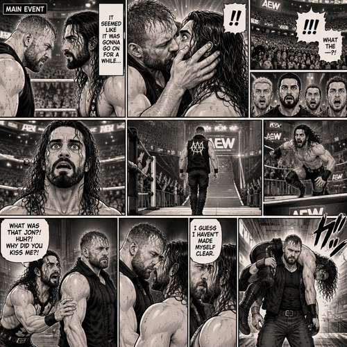 Jon Moxley and Seth Rollins were in a match against each other. It’s the main event. It seemed like it was gonna go on for a while…but then….something unexpected happened. Jon cupped his hands on Seth’s face….pulled him in…and kissed him. Seth’s eyes widened,The fans went crazy with shock,even some of the superstars that were watching were shocked. Jon then pulled away. Seth just stood there stunned. Jon didn’t say a word,he walked out of the ring and walked up the ramp. Seth eventually snapped out of it and left the ring to run to Jon. He managed to catch up to him. “What was that Jon?! Huh?! Why did you kiss me?!” Seth asked. Jon stopped walking and looked at Seth,He still didn’t say a word. He walked closer to Seth. He wrapped his arm around Seth’s waist and pulled him close,Then he whispered in Seth’s ear “I guess I haven’t made myself clear”. He lifted Seth over his shoulder