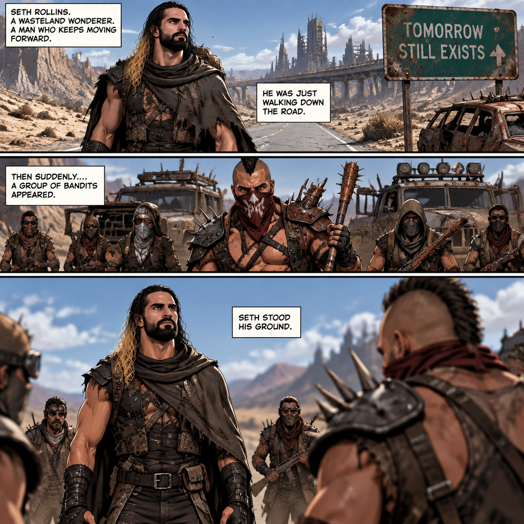 Seth Rollins is a wasteland wonderer,He was just walking down the road. Then suddenly….A group of bandits appeared. Seth stood his ground