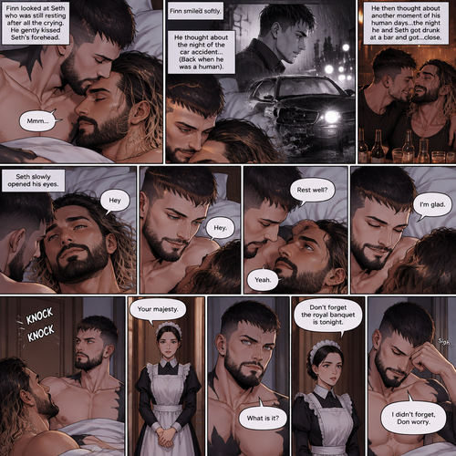 (Part 5 of the Demon King x human story) Finn Bálor (Demon King) and Seth Rollins were still relaxing in bed. Finn thought about the night of the car accident (Back when he was a human). He looked at Seth who was still resting after all the crying. He gently kissed Seth’s forehead. Seth hummed softly. Finn smiled softly. He then thought about another moment of his human days…the night he and Seth got drunk at a bar and got…close. Seth slowly opened his eyes. “Hey” Finn said softly. “Hey” Seth said softly.  “Rest well?” Finn asked softly. “Yeah” Seth said softly. “I’m glad” Finn said softly. Then there was a knock on the door and a maid walked in and said “Your majesty”. “What is it?” Finn asked. “Don’t forget the royal banquet is tonight” Said the maid. Finn sighed. “I didn’t forget,Don worry” said Finn