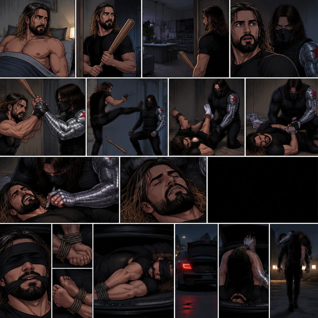 (Recap). Seth Rollins was in his house about to go to bed then he heard a noise downstairs,He grabbed his bat and went to investigate,He looked around He sees nothing at first,Then he sensed a presence behind him,He swung the bat and the intruder but the intruder caught it with his metal arm,That’s right it’s the winter soldier,He threw Seth’s bat away,Seth tried to ninja kick the winter soldier but he grabbed his ankle and threw him to the ground,Then he grabbed he grabbed Seth’s ankle again and pulled him closer,Seth struggled,The winter soldier got on top of him,Seth kept struggling,The winter soldier grabbed something from his pocket and injected it into Seth,Seth tried to fight it,but he couldn’t,Everything went black. (And now part 2). A few hours have passed,Everything was still black,Then…Seth slowly regained consciousness. He couldn’t see anything…because he was blindfolded. He tried to struggle…but it feels like his wrists and ankles were tied…well because they were. He tried to call for help…but he couldn’t…Because there was a gag in his mouth. He felt his surroundings with his tied hands,He realized he was in the trunk of a car. Then…the car stopped. It was silent for a bit. Then he heard the trunk open,then he felt the winter soldier’s metal arm lift him over his shoulder. He heard the winter soldier’s footsteps