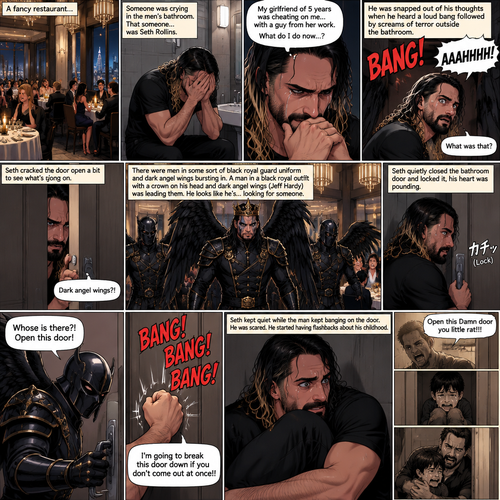 There’s a fancy restaurant,someone was crying in the men’s bathroom,That someone…was Seth Rollins. He just found out that his girlfriend of 5 years was cheating on him with a guy from her work. He’s Lost in thought about what to do. He was snapped out of his thoughts…when…he heard a loud bang followed by screams of terror outside the bathroom. “What was that?” Seth asked himself. He cracked the door open a bit to see what’s going on. There’s men in some sort of black royal guard uniform and dark angel wings bursting in…wait…Dark angel wings?!. A man in a black royal outfit with a crown on his head and dark angel wings (Jeff Hardy) was leading them,He looks like he’s…looking for someone. Seth quietly closed the bathroom door and locked it,his heart was pounding. Then…One of the men in royal guard uniform tried jiggling the bathroom door handle. Seth slowly and quietly backed away from the door. The man in the royal guard uniform banged on the door. “Whose is there?! Open this door!” The man in the royal guard uniform yelled. Seth kept quiet while the man kept banging on the door. “I’m going to break this door down if you don’t come out at once!!” The man in the royal guard uniform yelled. Seth was scared,He stared having flashbacks about his childhood. His dad yelling at him “Open this Damn door you little rat!!!”. Seth crying and hiding in the closet,his dad breaking down the bedroom door and opening the closet,his dad grabbing him and himself crying.