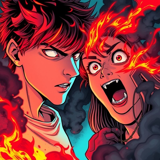 Teenage boy David facing Sarah, burns her alive his red fire while looking into her eyes with her screaming in pain
